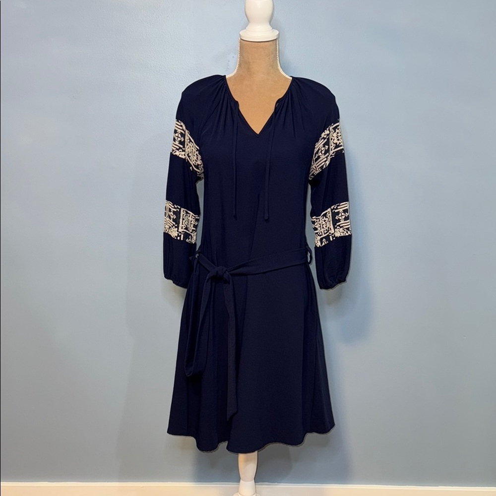 Octavia Blue and White Embellished Long Sleeve Sundress Size Small